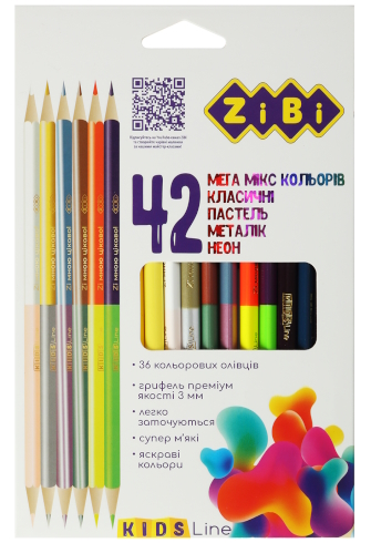 Олівці кольорові, 42 кол. (30 стандарт, 6 двостор.), тригранний ZB.2443