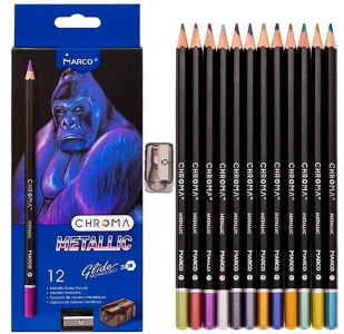 Олівці 12 кольорів шестигранні с метал.блиском, з точилкою Metallic,Chroma, 1033-12CB,ТМ