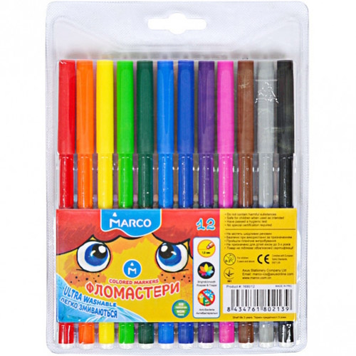Фломастери 12 кольорів Super Washable, Marco, 1690-12