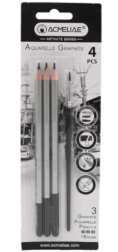 43706 Акварельні графітні олівці 2B.4B.6B+ пензлик  для ескізів Acmeliae, 1шт/єтік