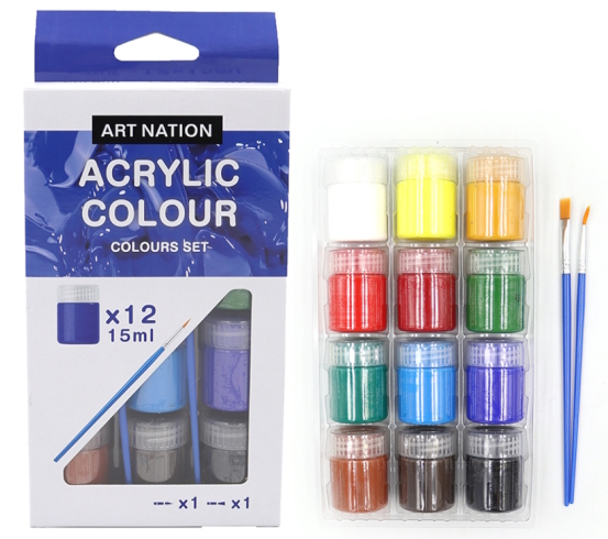 A1215 Набір акрилових фарб Art Nation 15 мл*12кол.+2 пензлика 1шт/этик