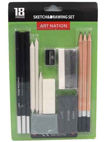 SKD18-SET Набір Art Nation 3вуг. олів., 3скетч олів., 3вуг. палички, 3пастелі, 3 папірці, 1вініл. гу