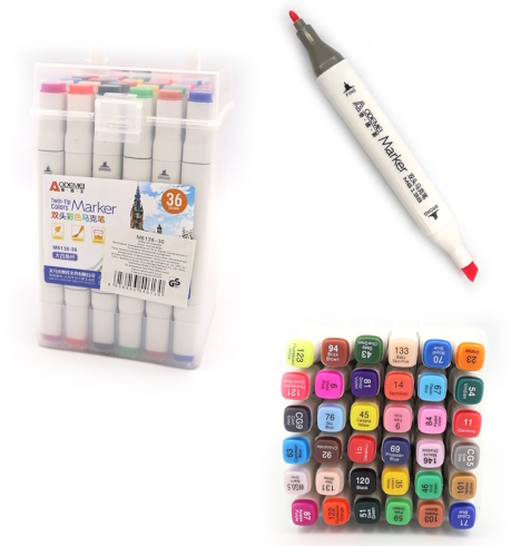 M6138-36 Набір двостор. скетчмаркерів Aodemei, квадратн. корп., 36шт., PP BOX /етик