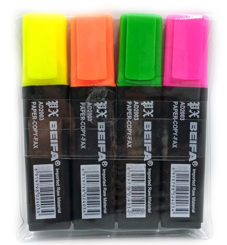 HY101804-4(AD2003-4) Набір текстовид. Beifa  неон, 4 шт.,жовт,зелен,помаранч, рожев.PVC уп.1 шт/етик