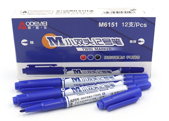 M6151 Маркер двостор. перманент Aodemei, лінер/тонк син. 12шт/єтік