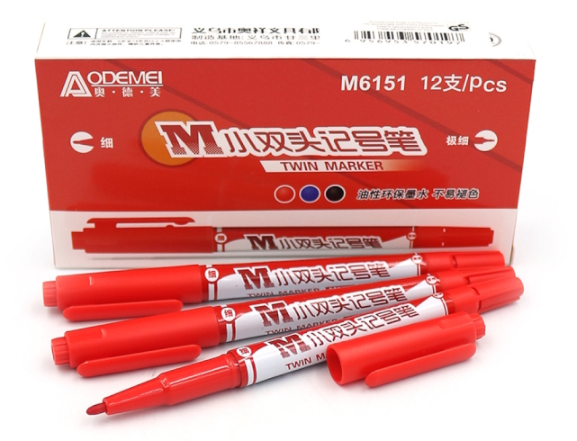 M6151 Маркер двостор. перманент Aodemei, лінер/тонк червон. 12шт/єтік