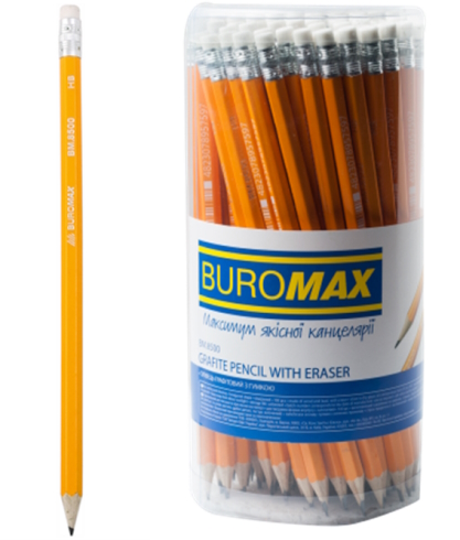 Олівець графітовий HB, жовтий, з гумкою, BUROMAX 8500
