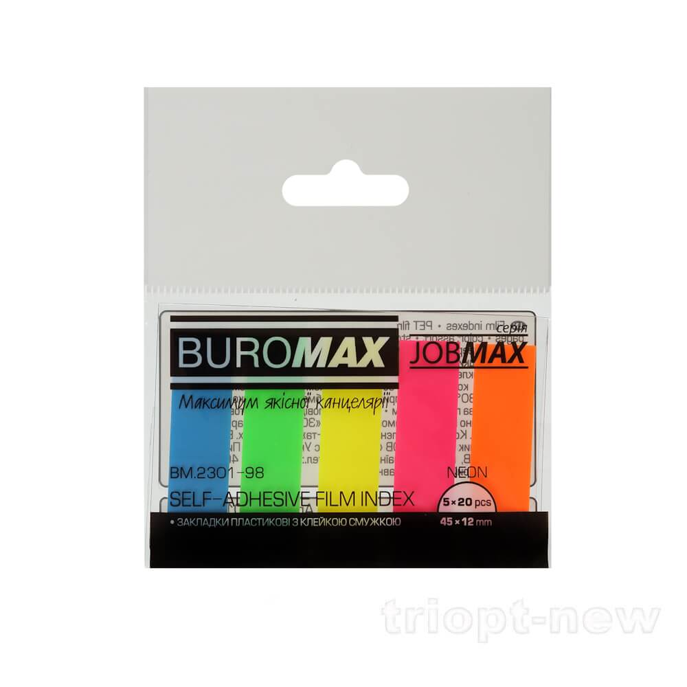 Закладки пласт. з клейким шаром NEON 45x12мм, 5х20арк., JOBMAX, асорті,BM.2301-98