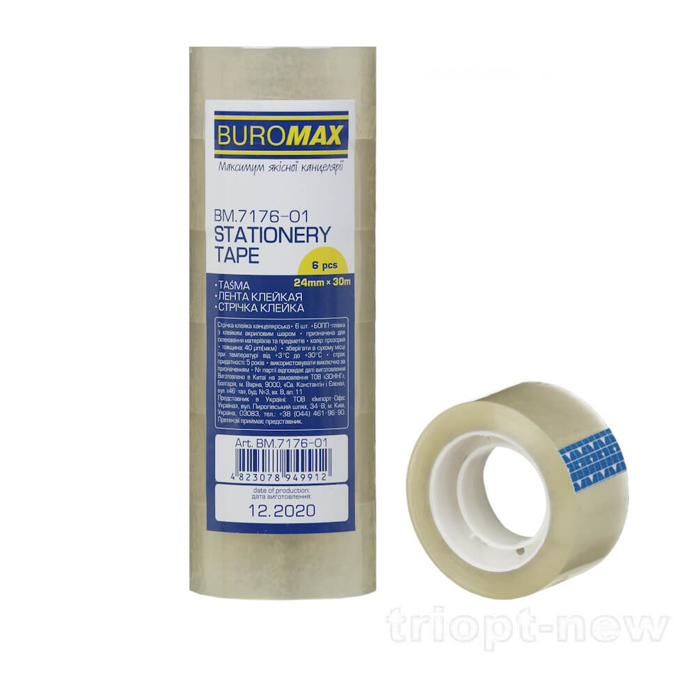 Клейка стрічка канц. 24мм х 30м /6шт., прозора, BM.7176-01