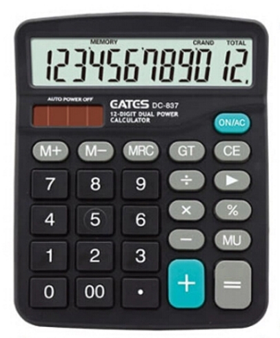 Калькулятор 12-ти функціональний EATES DC-837, 2 джерела живлення, кнопки, що не стираються, розмір 120x149x49мм, вага 136г