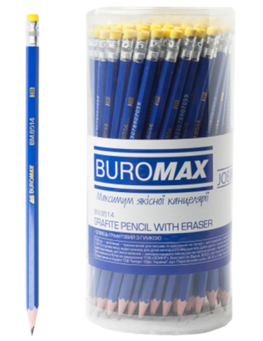 Олівець графітовий НВ, пластиковий, синій, з гумкою, туба BUROMAX 8514