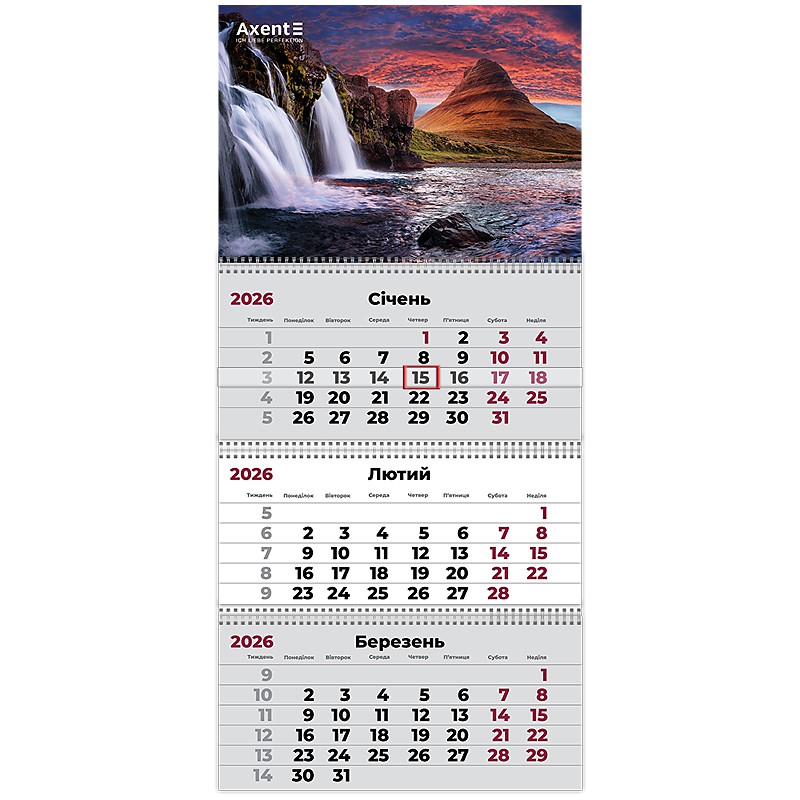 Календар настінний квартальний 2026 р.,3 пр. Waterfalls 3