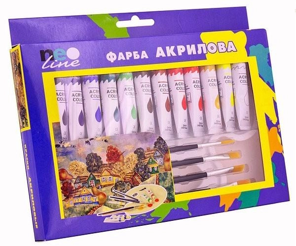 Фарба акрилова у тюбиках 12кол х 12мл + 4 пензлика, пласт. палітра, РАС-1812, ТМ 