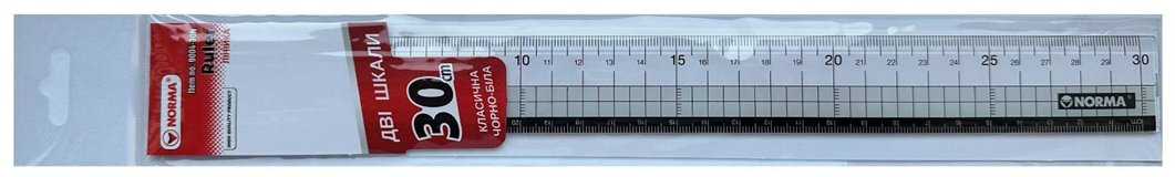 Лінійка 30см, 2 шкали (класична + чорна), пластик, прозор., 9004-30N, NORMA