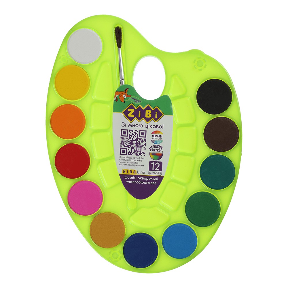 Акварельні фарби на палітрі, 12 кольорів, натуральний пензель, салатова
