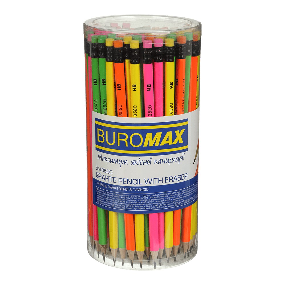 Олівець графітовий NEON НВ, неоновий, з гумкою, туба