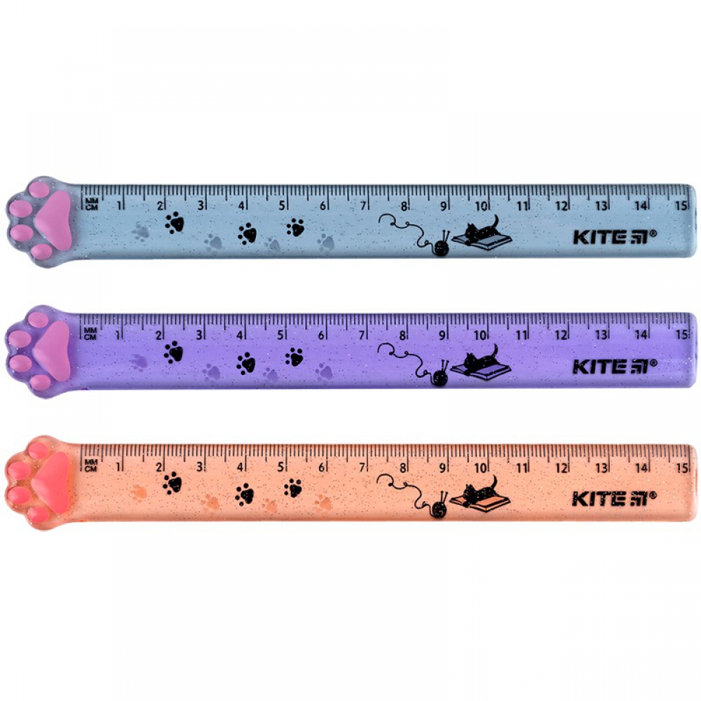 Лінійка пластикова з глітером, 15см Paws