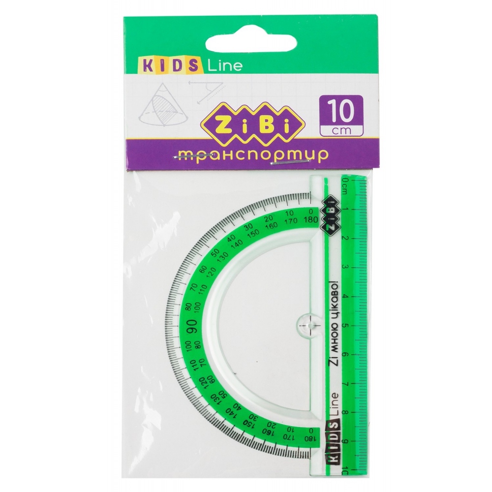 Транспортир 100мм, з салатовою смужкою, блістер