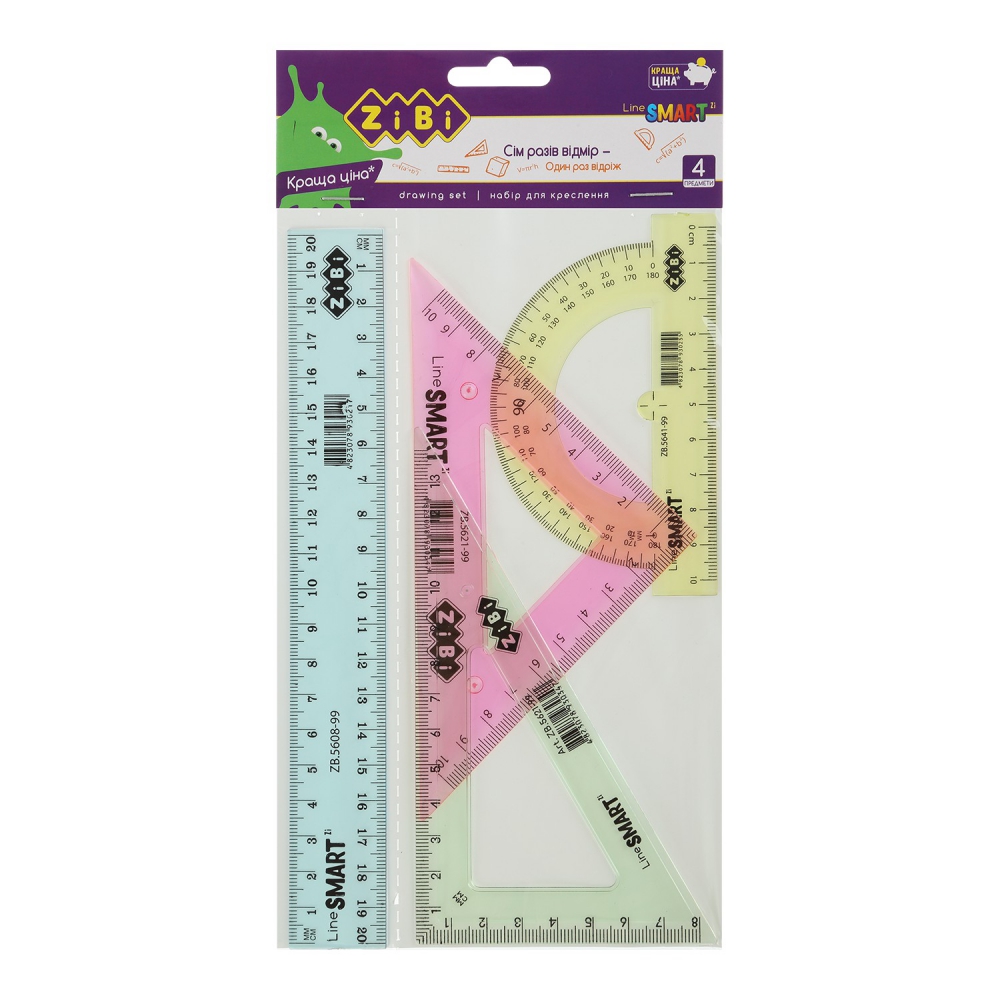 Комплект: лінійка 20см, 2 косинця, транспортир, тоновані, асорті
