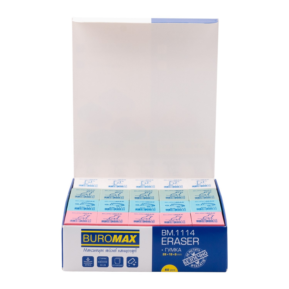 Гумка прямокутна 1114 , 28x19x9,2 мм, асорті