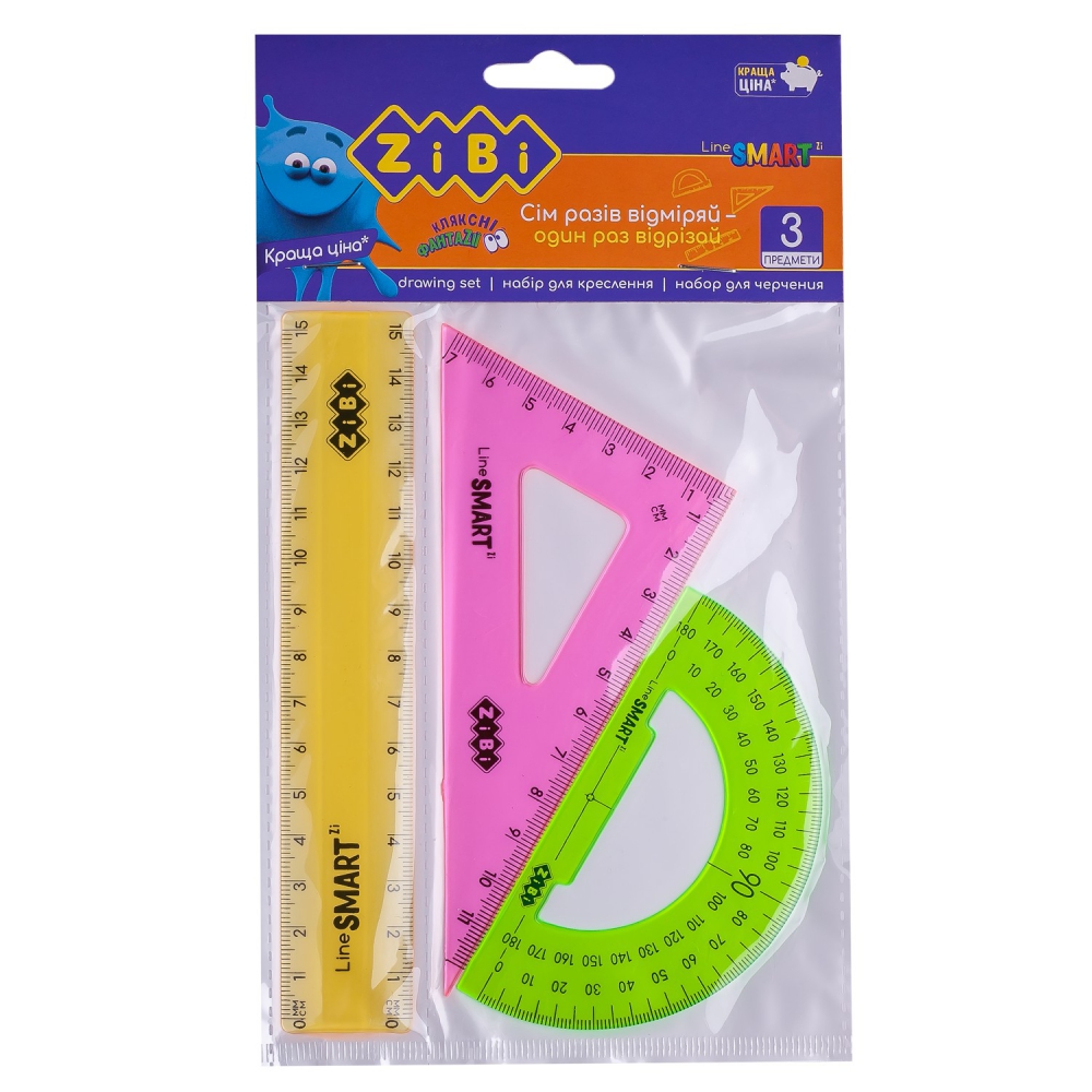 Комплект: лінійка 15см, косинець, транспортир, неонового кольору, прозорі, SMART Line
