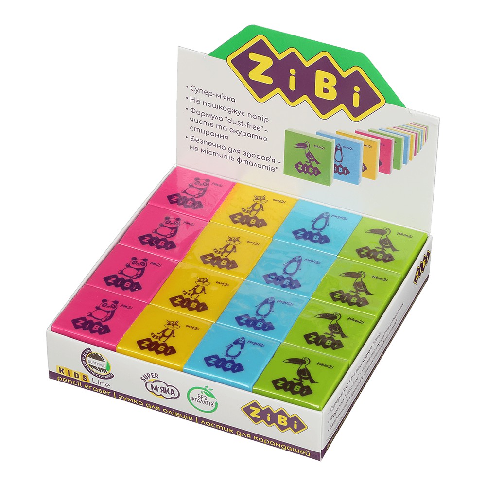 Гумка квадратна ZiBi ANIMALS, 28х28х12mm, в шоубоксі