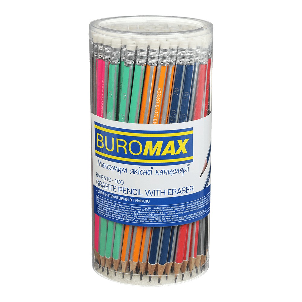 Олівець графітовий НВ, трикутний, асорті, з гумкою, туба