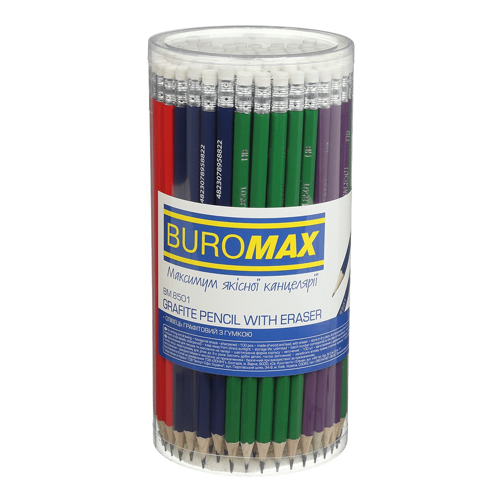 Олівець графітовий НВ, асорті, з гумкою, туба