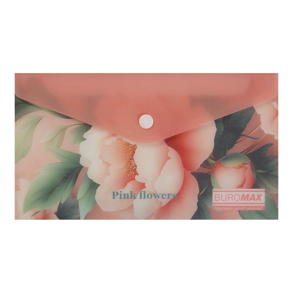 Папка-конверт DL на кнопці, PEONY ARABESKI, напівпрозора, рожева