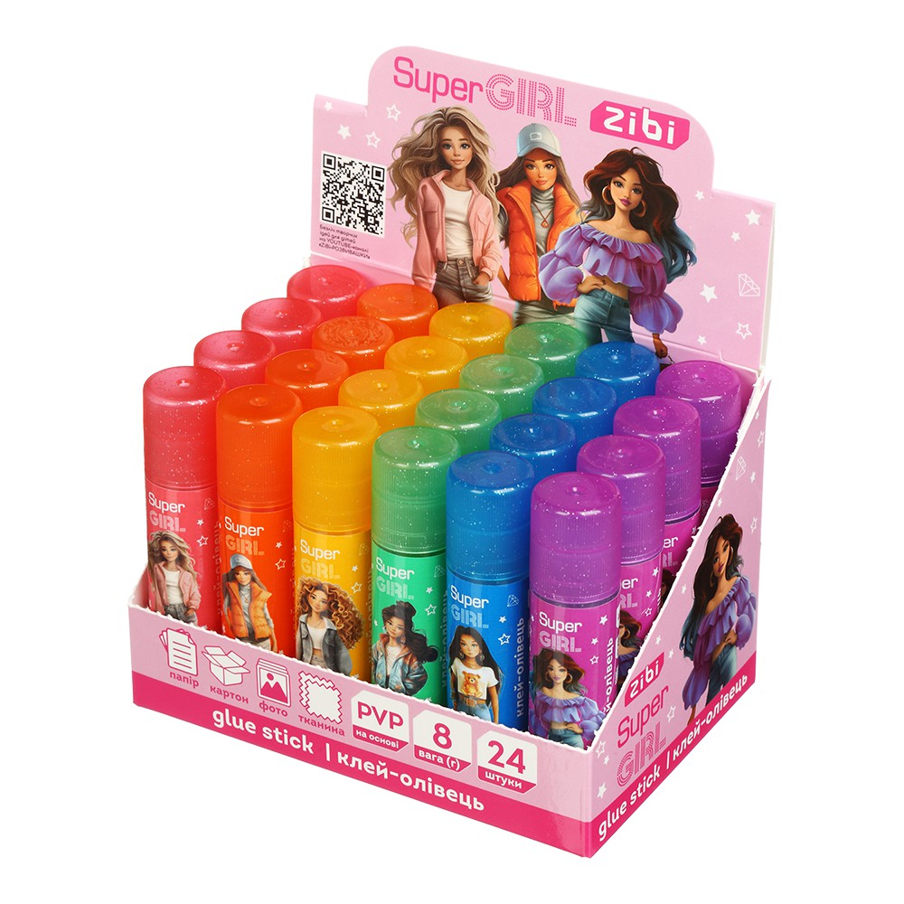 Клей-олівець ,SUPER GIRL  8 г, PVP, прозорий з блискітками