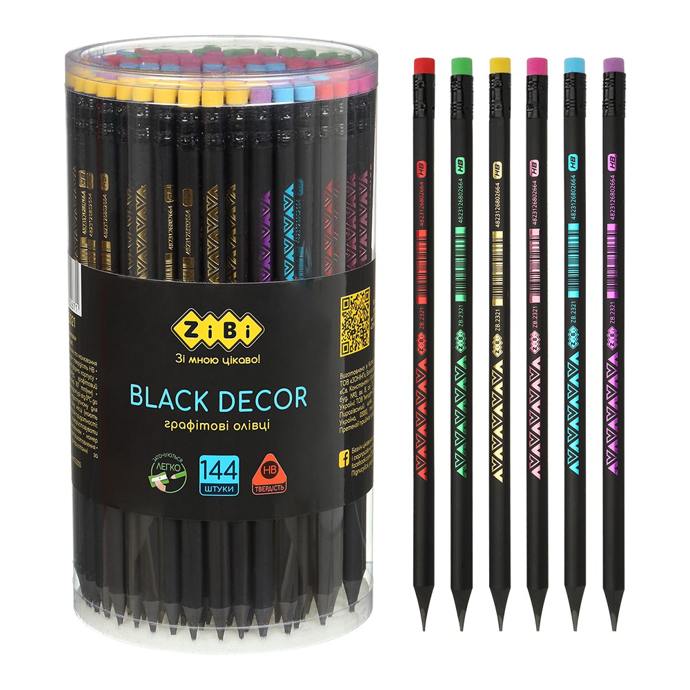 Олівець графітовий HB,  BLACK DECOR, пластиковий, триграний, з гумкою, туба - 144 шт