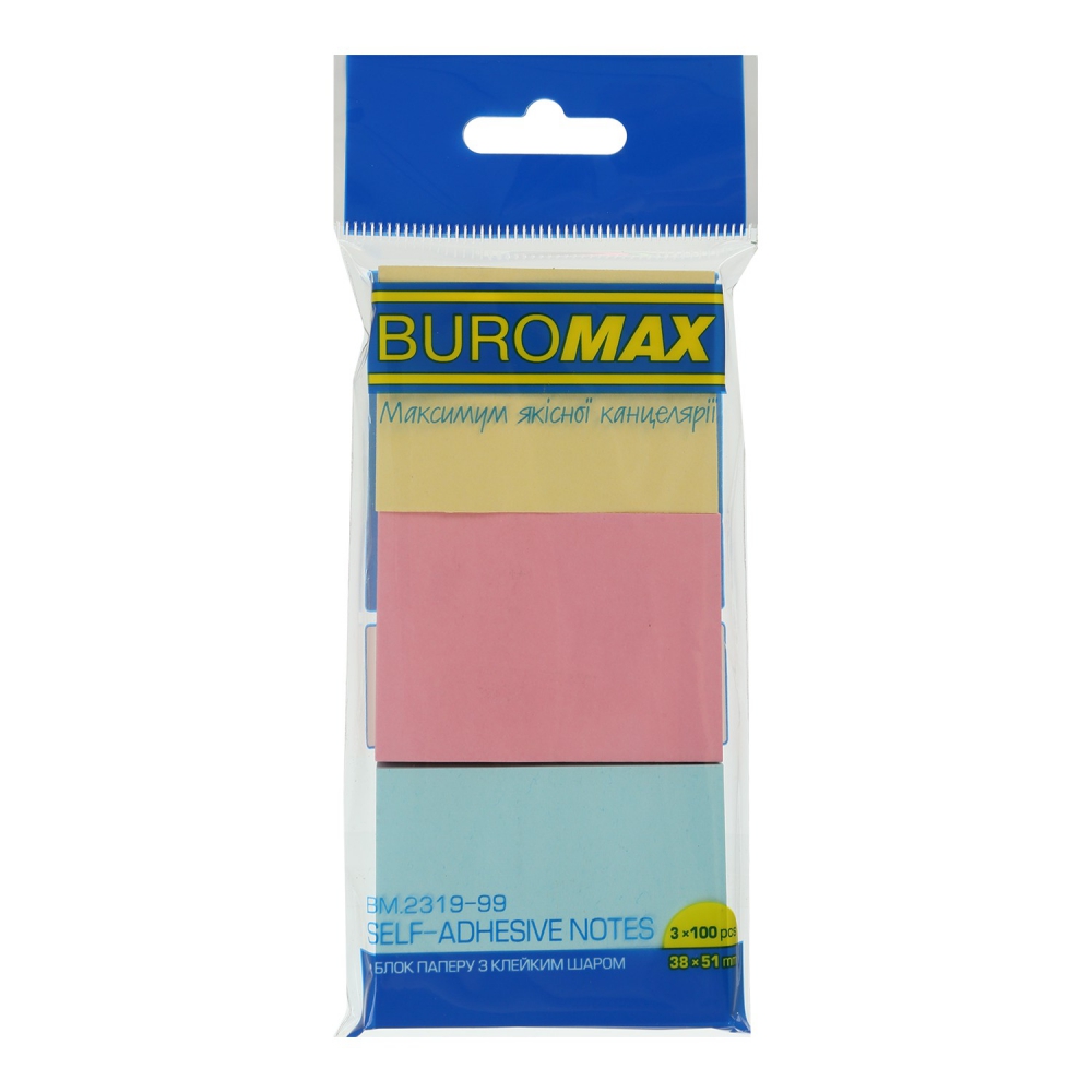 Блок для нотаток 38х51мм, 100арк., ассорті (3 шт в блістері)