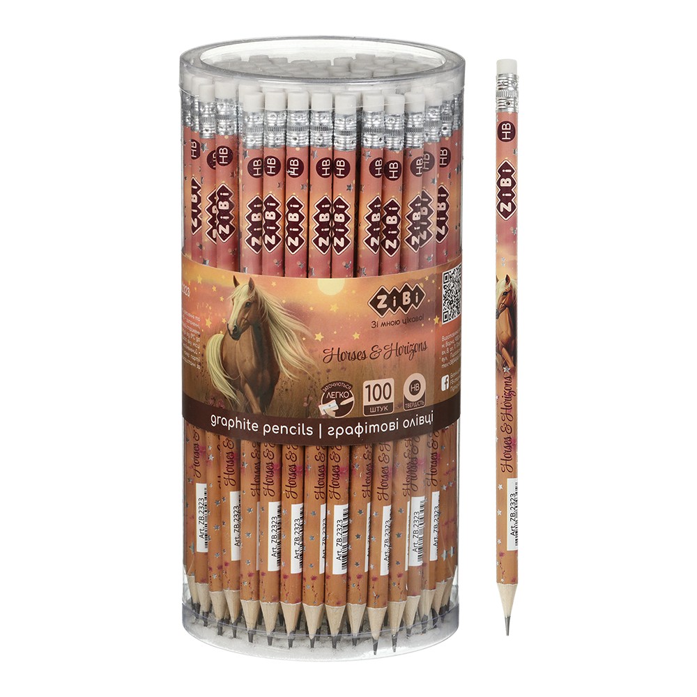 Олівець графітовий HB, HORSES, з гумкою, туба - 100 шт