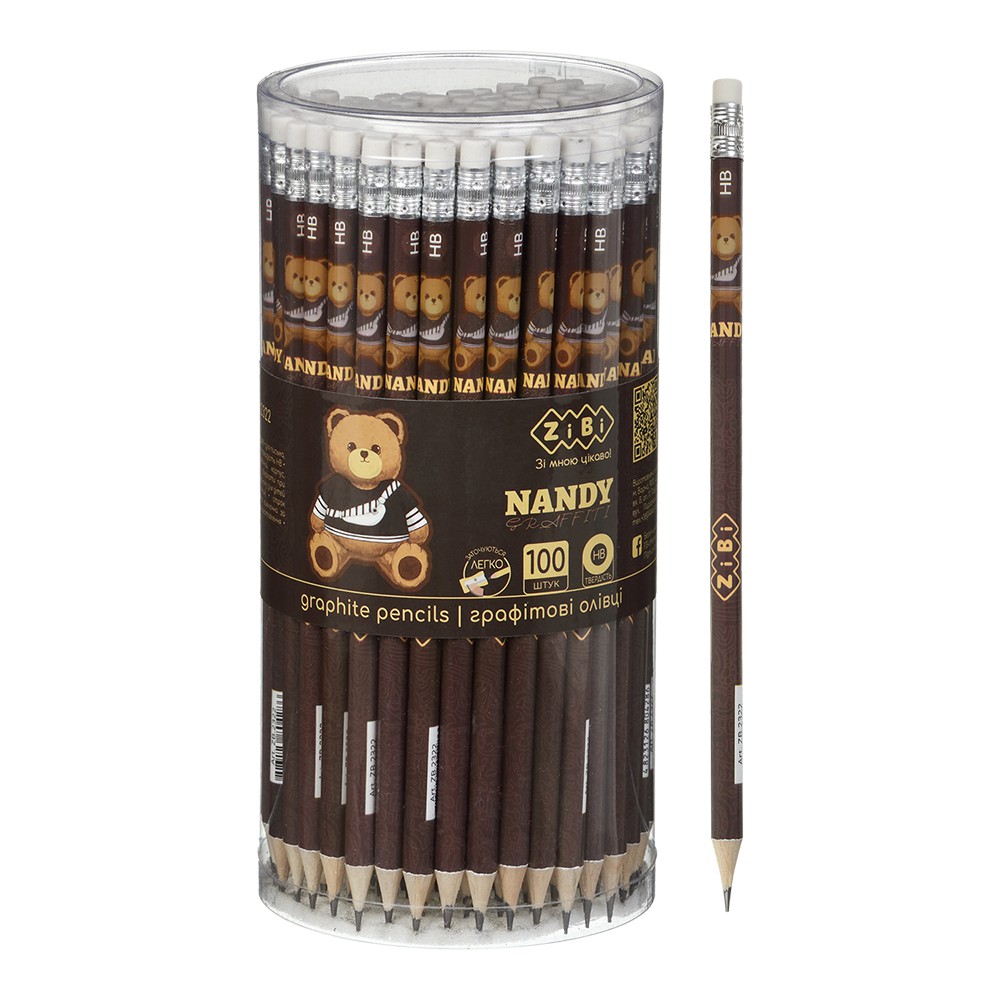 Олівець графітовий HB, BEAR TOY, з гумкою, туба - 100 шт