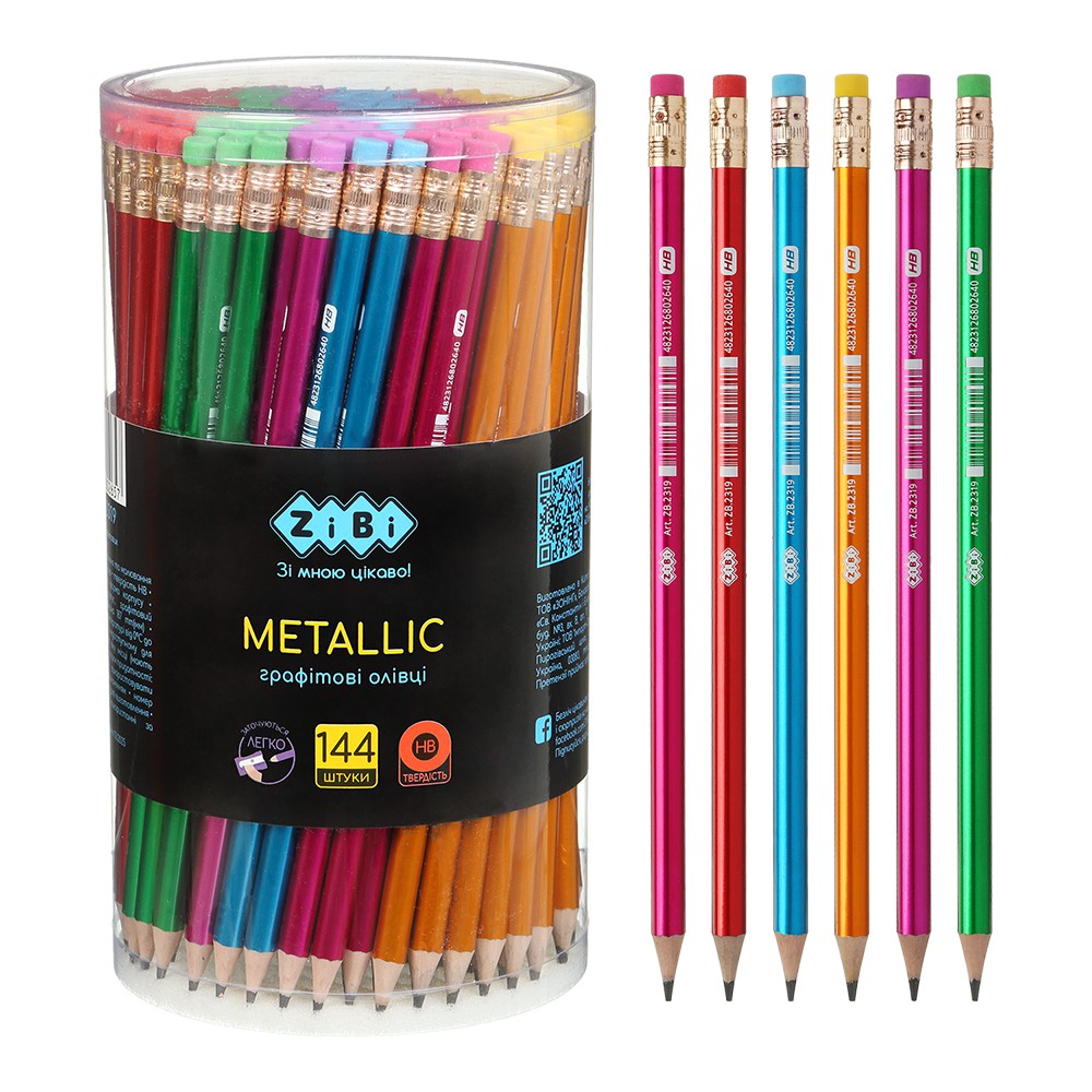 Олівець графітовий HB, METALLIC, пластиковий, з гумкою, туба - 144 шт