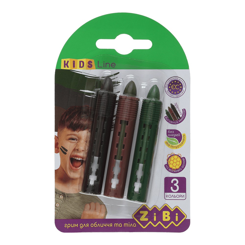 Олівці для гриму обличчя та тіла МІЛІТАРІ,   / 3 кольори (зелений, коричневий, чорний), 15,4 г, KID