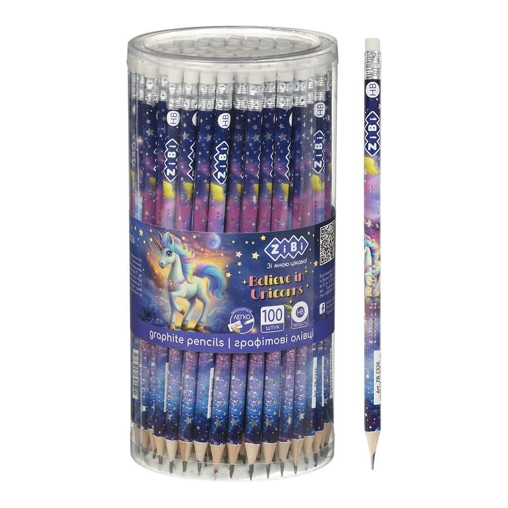 Олівець графітовий HB, UNICORN, з гумкою, туба - 100 шт