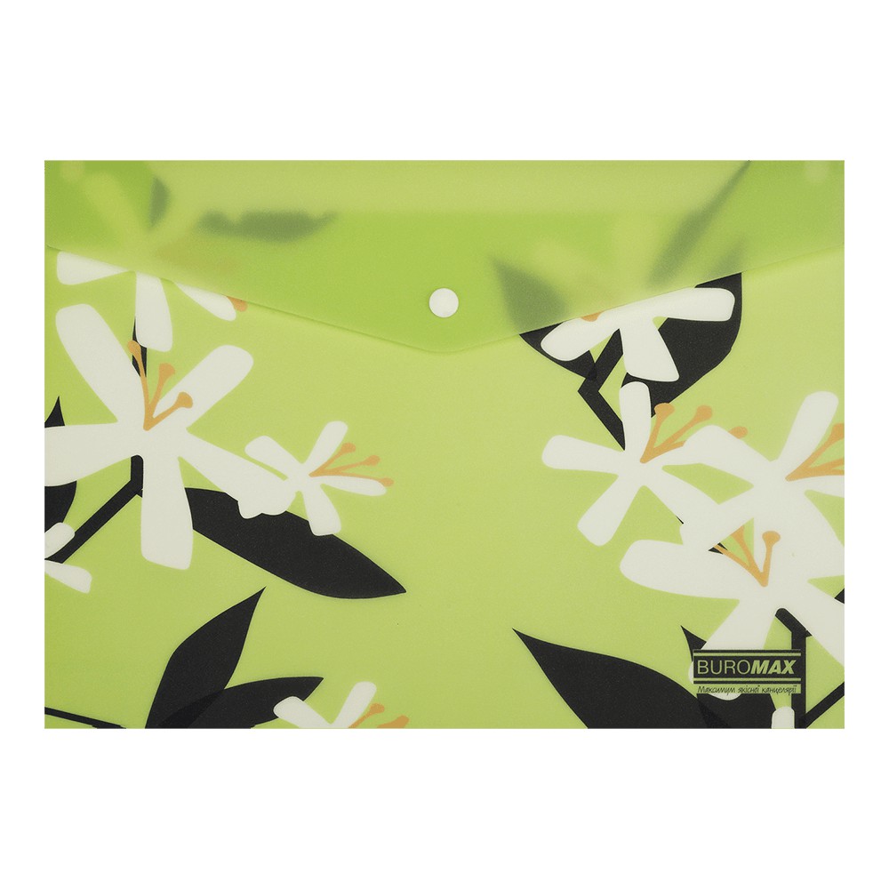 Папка-конверт А4 на кнопці, PLUMERIA ARABESKI, напівпрозора, салатова