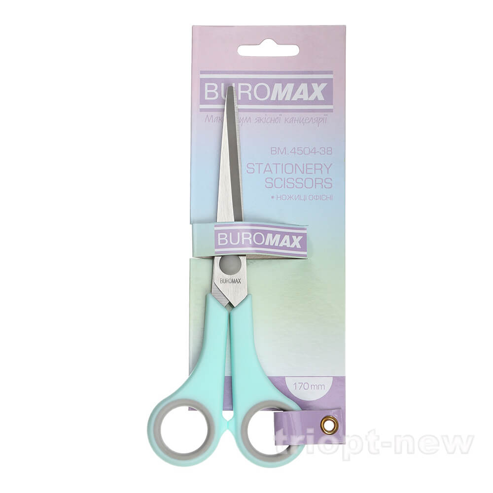 Ножиці PASTEL, м'ятні круглі руч. з сірими  гумов. вставками, 170мм, BM.4504-38