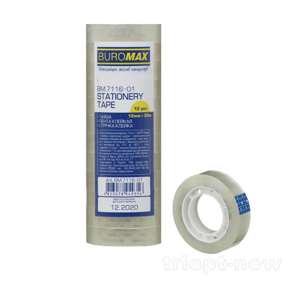 Клейка стрічка канц. 12мм х 30м /12шт., прозора, BM.7116-01