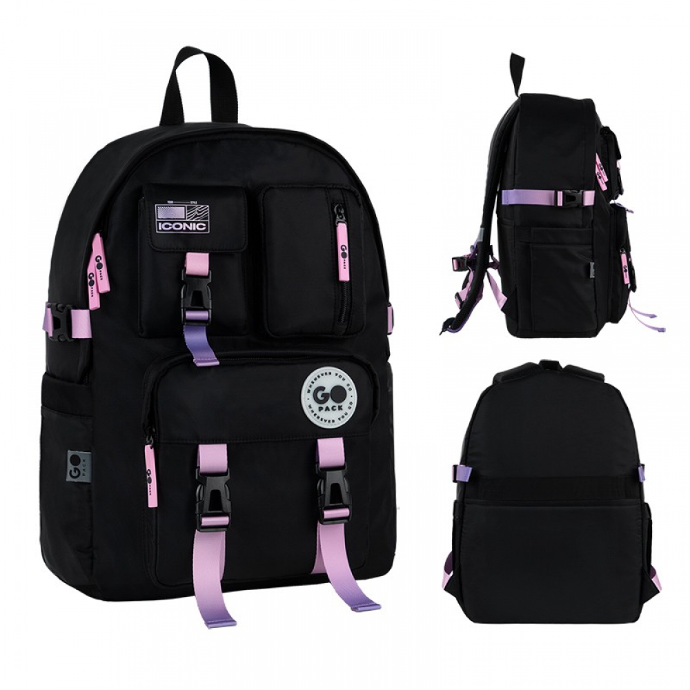 Рюкзак GoPack Education Teens GO26-2500L-2. Ущільнена спинка, 1 відділення, 4 передні та 2 бічні кишені, кишеня для ноутбука, 2 внутрішні кишені, надійні блискавки, ручка-петля, знімний нагрудний ремінь, лямка для кріплення на валізі, ущільнене дно