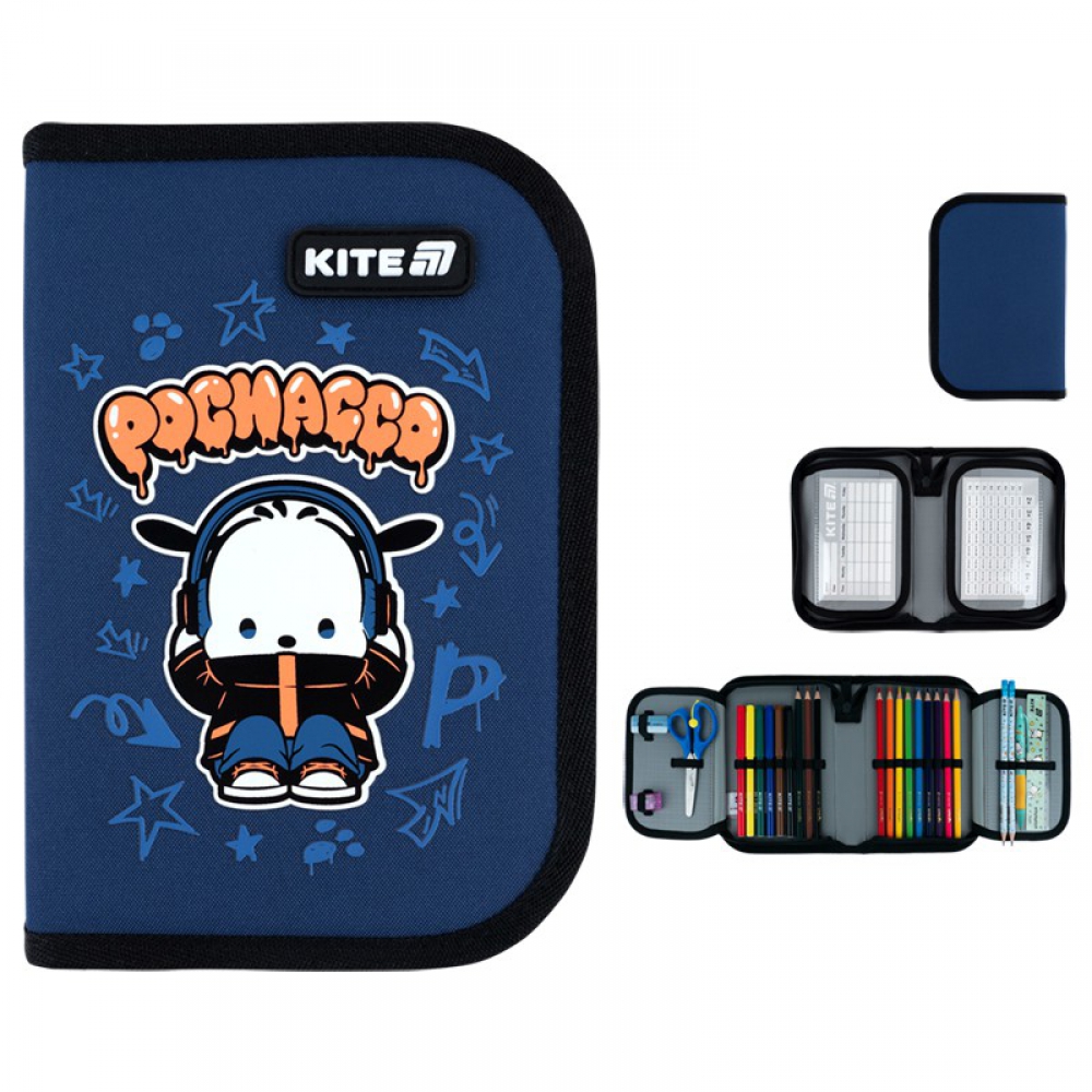 Пенал Kite PC26-622H, 1 відділення, 2 відвороти, з наповненням (точилка, гумка, лінійка 15 см, фломастери, олівці кольорові, олівці графітні з гумкою, ручка кулькова автоматична, ножиці 13 см)