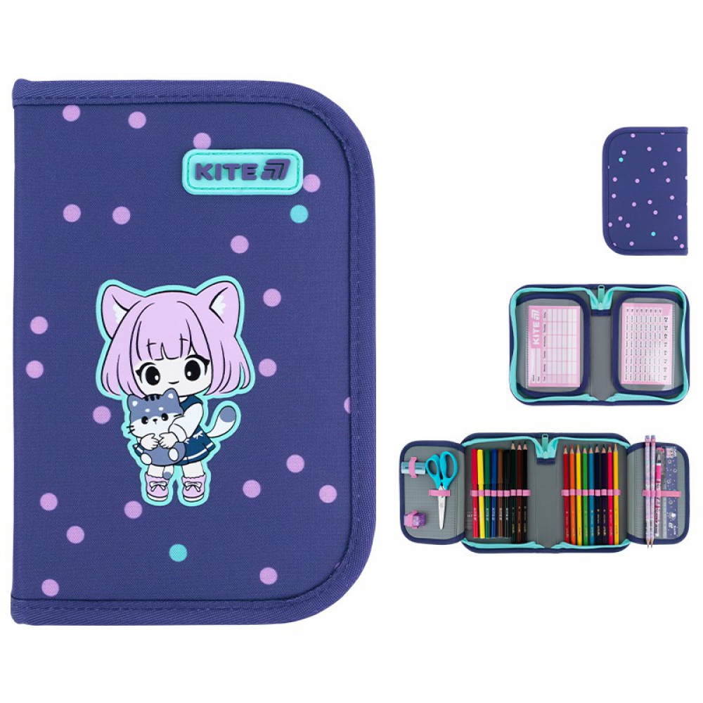 Пенал Kite K26-622H-3, 1 відділення, 2 відвороти, з наповненням (точилка, гумка, лінійка 15 см, фломастери, олівці кольорові, олівці графітні з гумкою, ручка кулькова автоматична, ножиці 13 см)