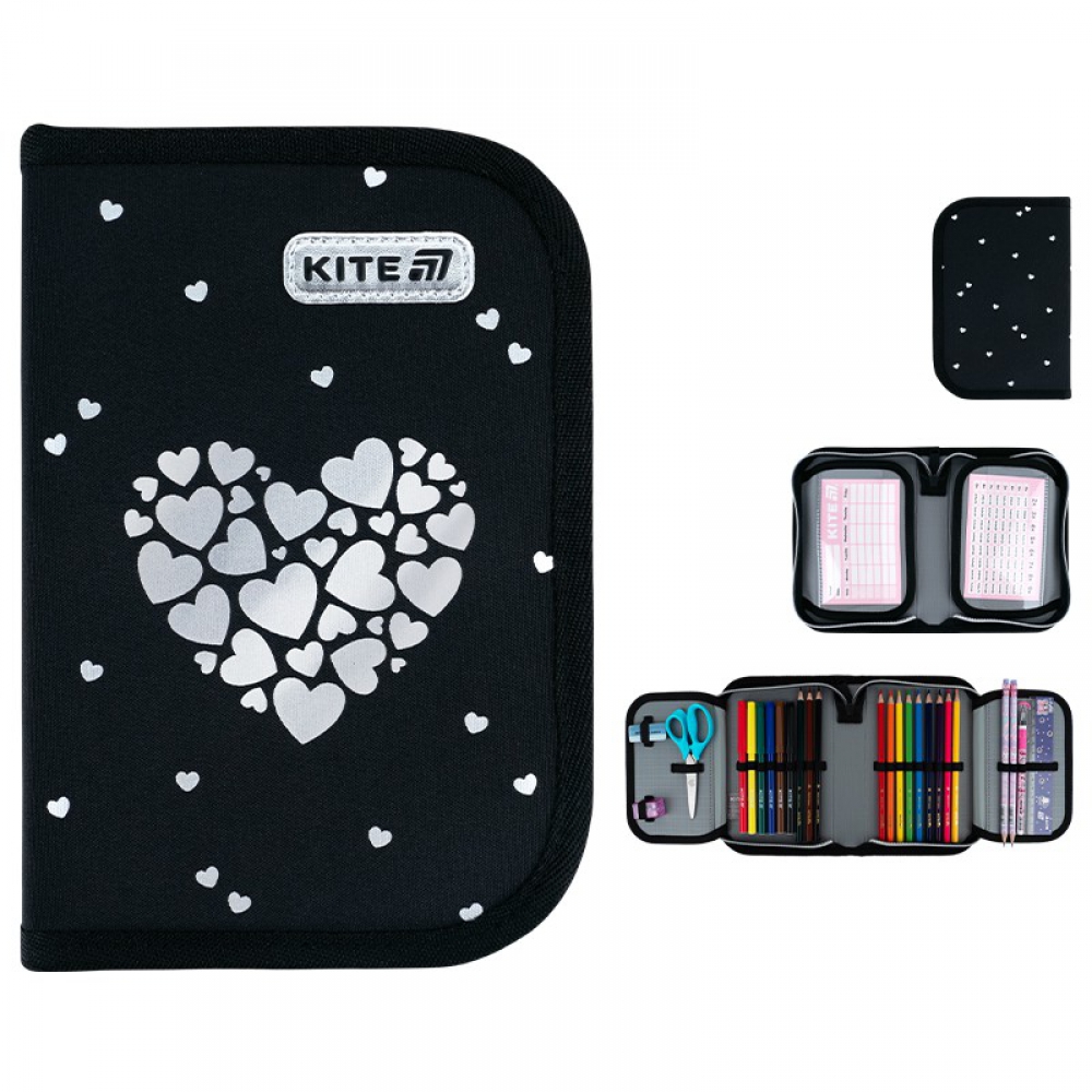 Пенал Kite K26-622H-5, 1 відділення, 2 відвороти, з наповненням (точилка, гумка, лінійка 15 см, фломастери, олівці кольорові, олівці графітні з гумкою, ручка кулькова автоматична, ножиці 13 см)