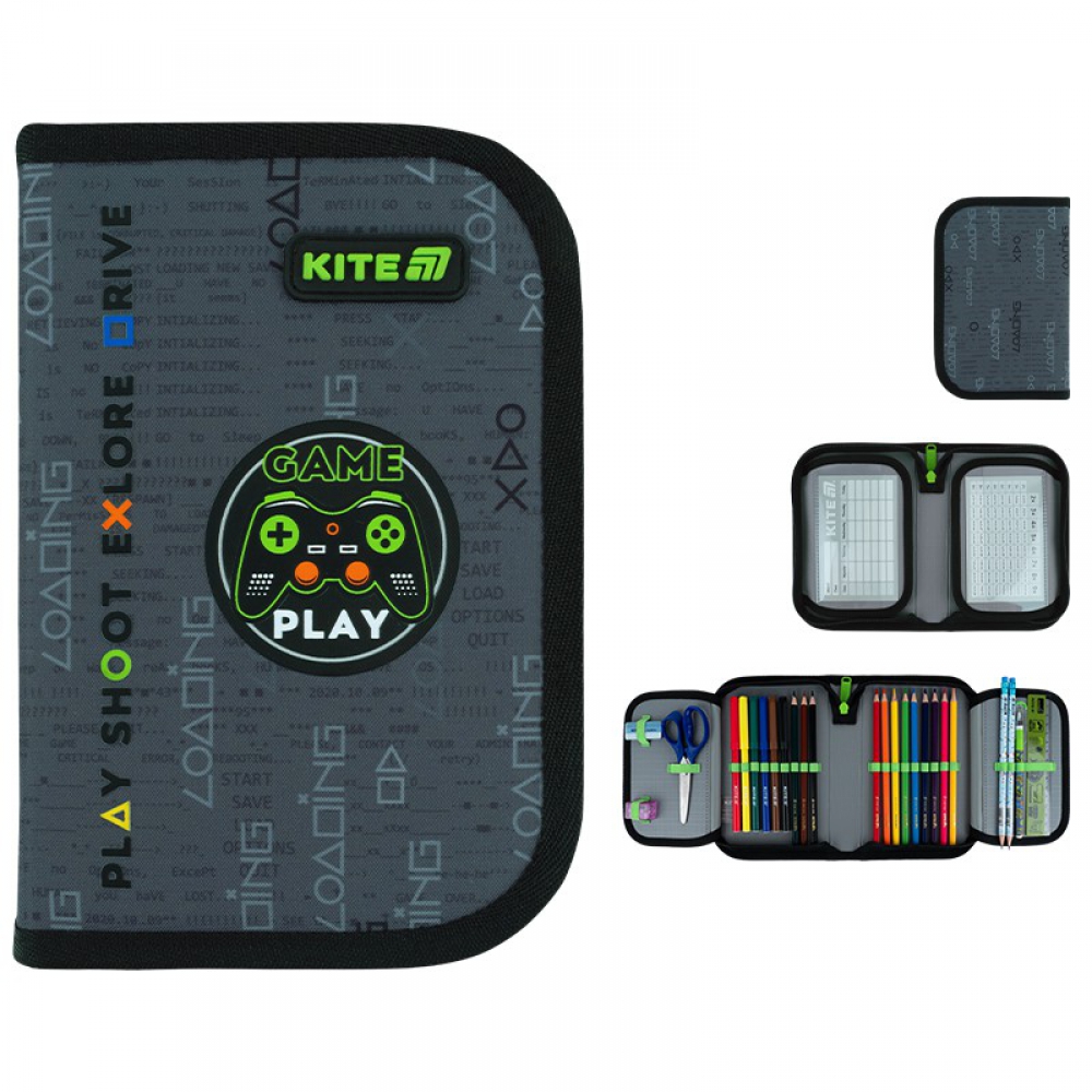Пенал Kite K26-622H-2, 1 відділення, 2 відвороти, з наповненням (точилка, гумка, лінійка 15 см, фломастери, олівці кольорові, олівці графітні з гумкою, ручка кулькова автоматична, ножиці 13 см)