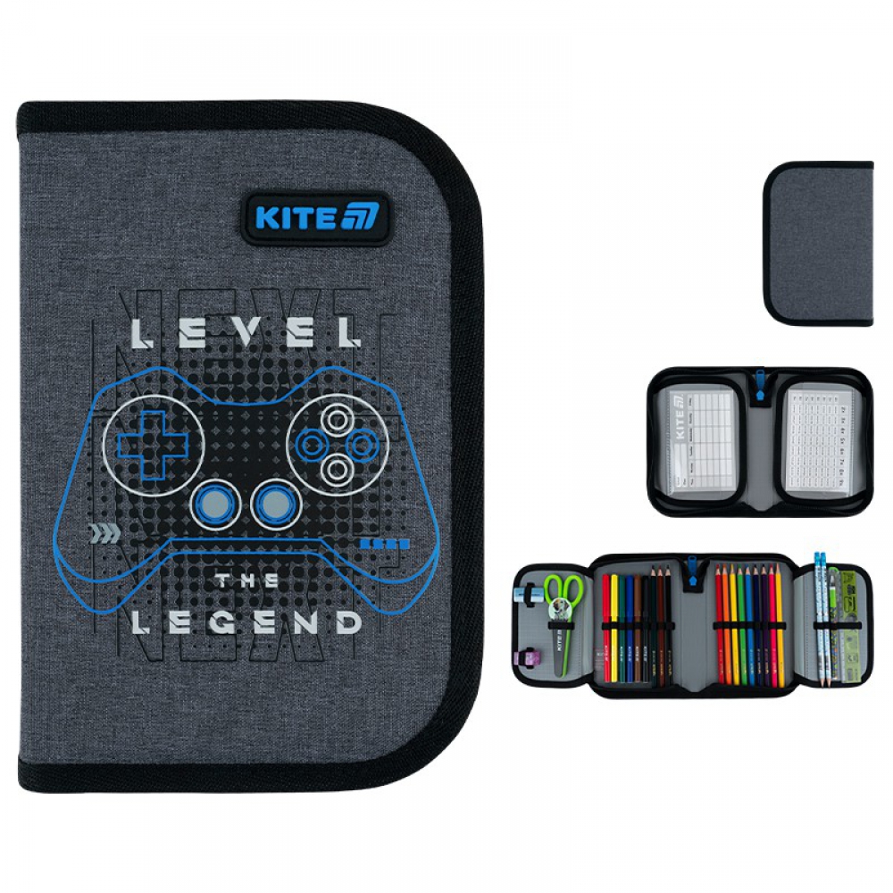 Пенал Kite K26-622H-6, 1 відділення, 2 відвороти, з наповненням (точилка, гумка, лінійка 15 см, фломастери, олівці кольорові, олівці графітні з гумкою, ручка кулькова автоматична, ножиці 13 см)