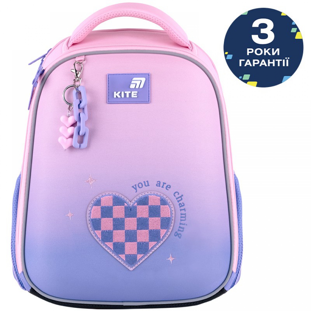 Рюкзак Kite Education каркасний K26-555S-4. Ортопедична спинка Ergo Kids, 2 відділення, 2 бічні кишені, органайзер, кишеня для телефона, роздільники, нагрудний ремінь, ущільнене дно з ніжками, підвіска
