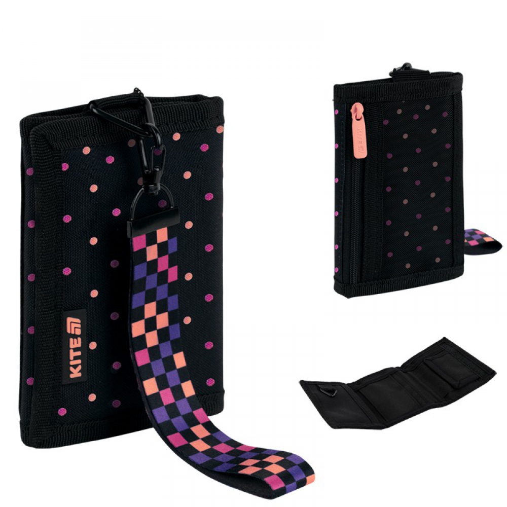 Гаманець Kite K26-598-6. 1 відділення, 1 зовнішня кишеня на блискавці з сіточкою, 5 кишень для карток, кишеня для монет на липуці, ключниця, брелок-підвіска з тасьми