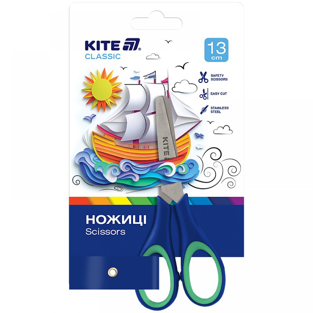 Ножиці дитячі. Пластикові ручки з гумовими вставками. Довжина 13см. Упаковка: відкритий блістер.