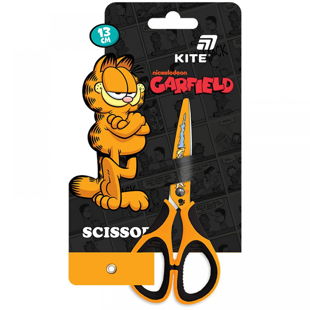 Ножиці дитячі. Пластикові ручки з гумовими вставками та малюнком на лезах. Довжина 13см. Упаковка: відкритий блістер.